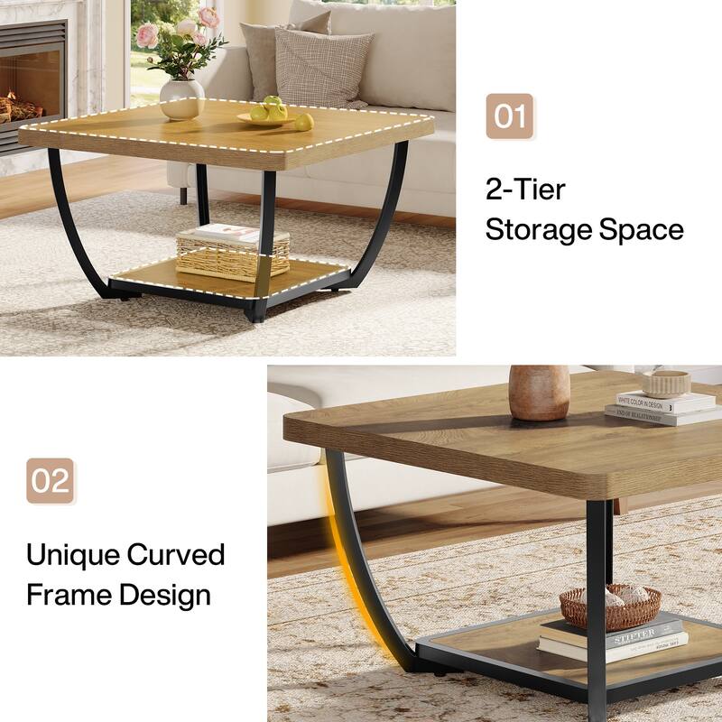 31.5" Square Coffee Table, 2-Tier Storage Shelves Accent Cocktail Table for Living Room