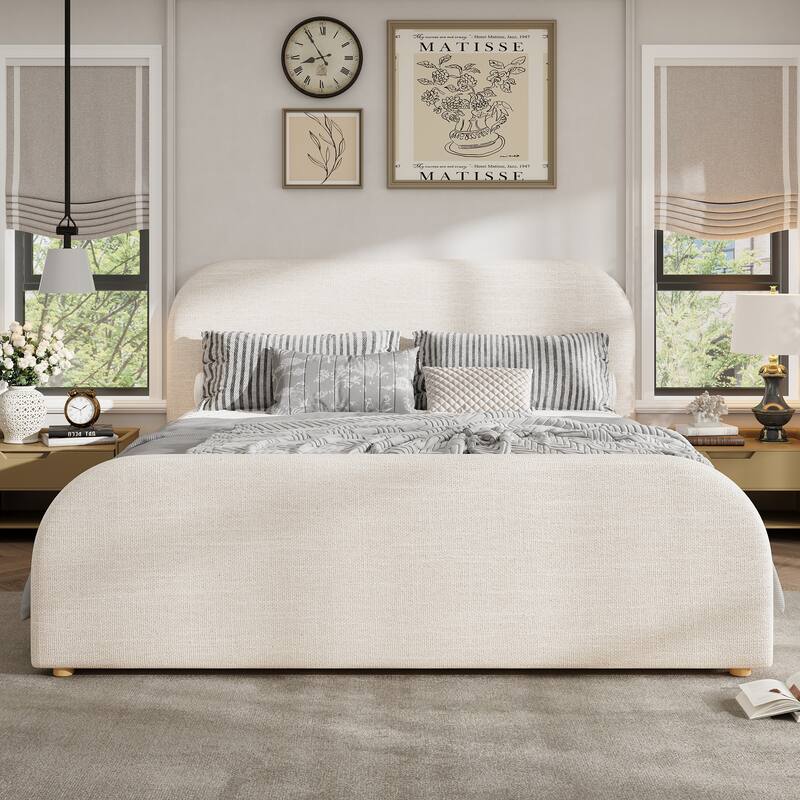 Beige Linen Upholstered Bed Curved Headboard Wingback Frame Low Profile Platform Bed