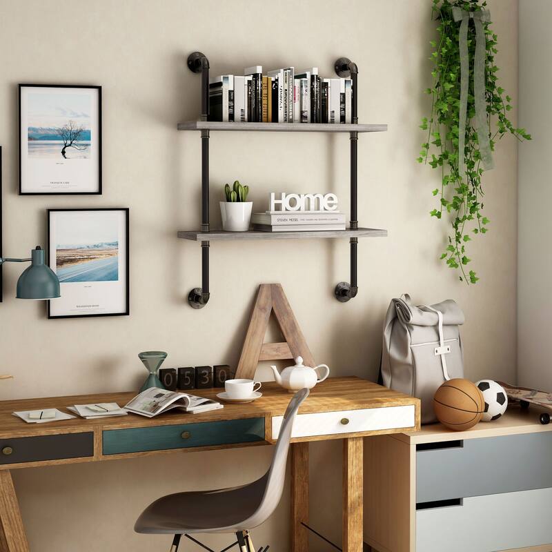 DH BASIC Industrial Vintage Grey 32-Inch Metal 2-Tier Wall Shelf by Denhour