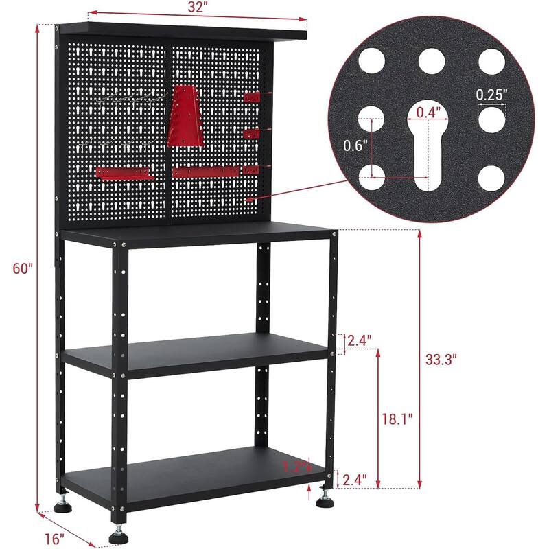 32" Adjustable Heavy Duty Garage Workbench with Pegboard, Tool Holders