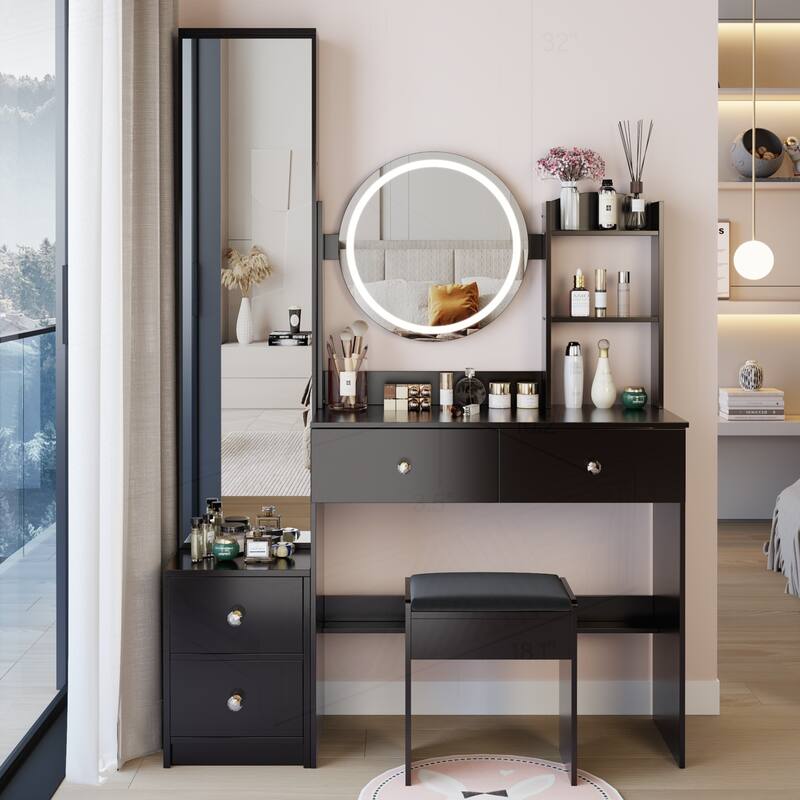 Versatile Vanity Table Set with LED Mirror and Storage - Black