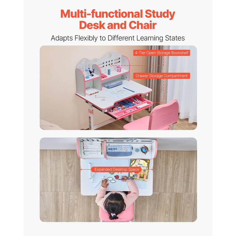 Pink Height Adjustable Kids Study Chair and Desk with Bookshelf and Drawer - 27.56 x 19.69 x (20.87 - 27.95) in