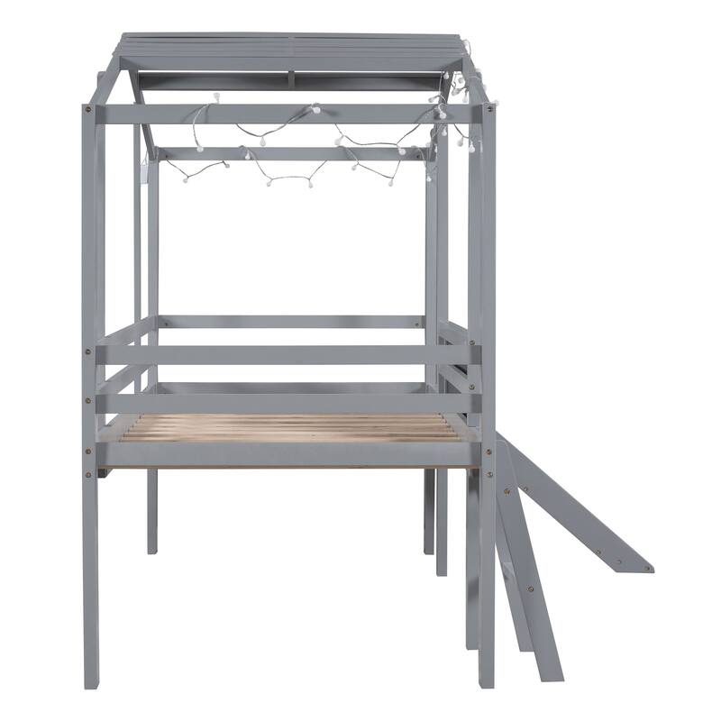 Twin Size Solid Wood Loft Bed with Ladder and Slide, House Bed with Blackboard and Light Strip on the Roof