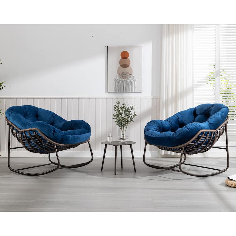 Patio Wicker Indoor & Outdoor Rocking Chair with Cushion - Navy Blue