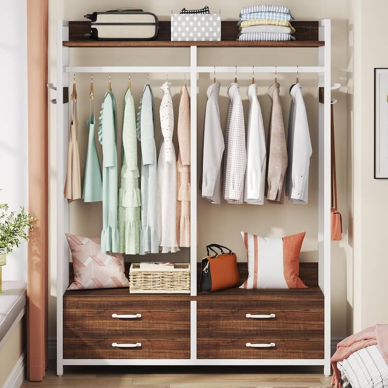 47.2" W Freestanding Closet Organizer for Hanging Clothes, Heavy Duty Garment Rack with 4 Drawers, 8 Hooks and Storage Shelves
