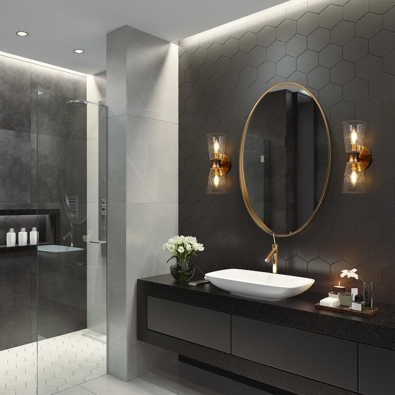 Mid-century Modern Glam 2-Light Gold Cone Seeded Glass Bathroom Vanity Lights Cylinder Wall Sconce