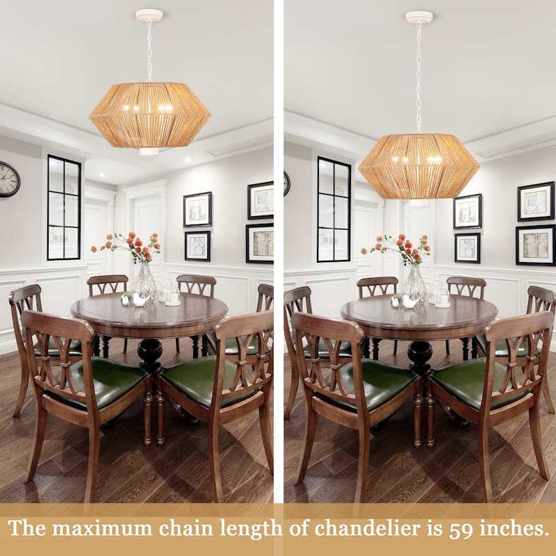 4-Light Bohemian Hand Woven Drum Chandelier Rattan Pendant - N/A
