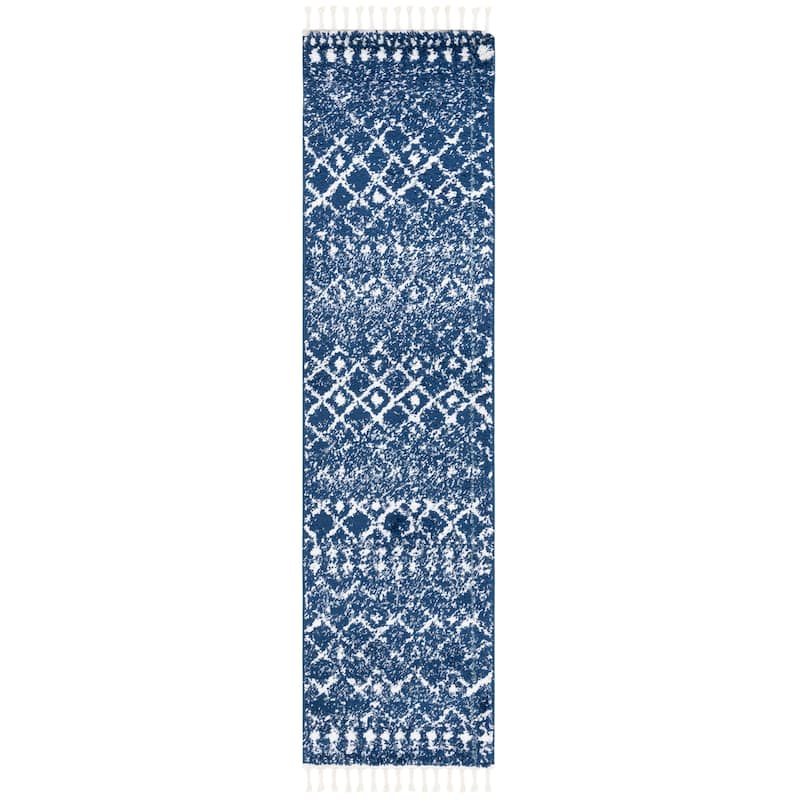 SAFAVIEH Berber Fringe Mirveta Liller Trellis Area Rug - 2'2" x 8' Runner - Dark Blue/Ivory