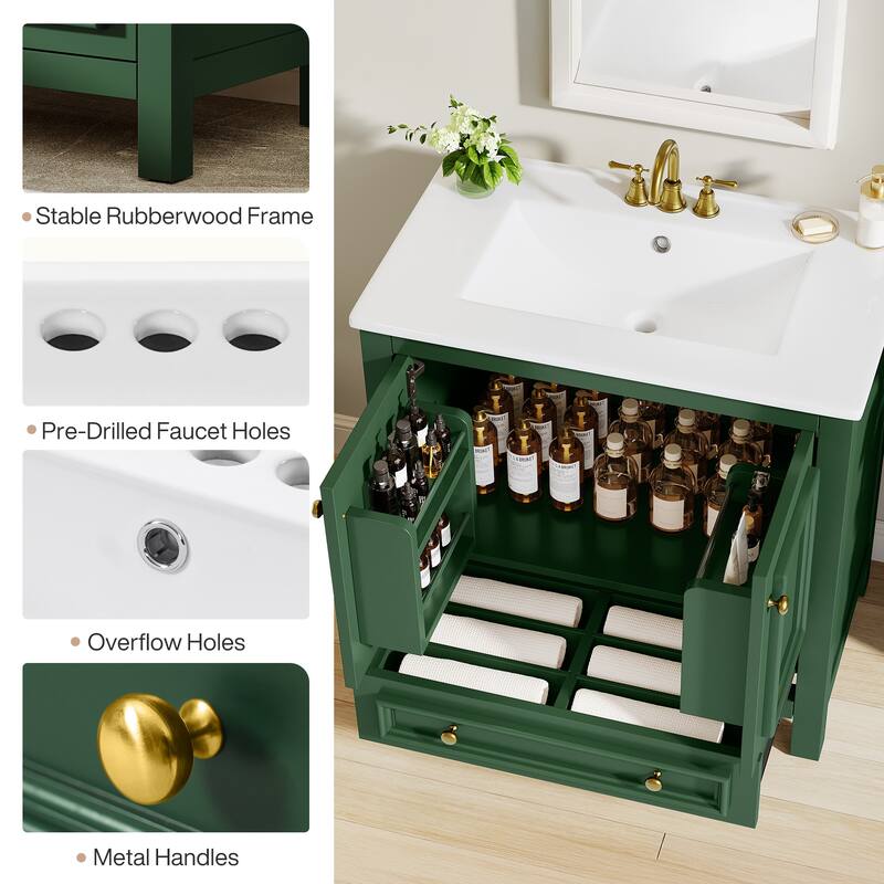 30 Inches Modern Bathroom Vanity Cabinet with Ceramic Basin & 1 Drawer