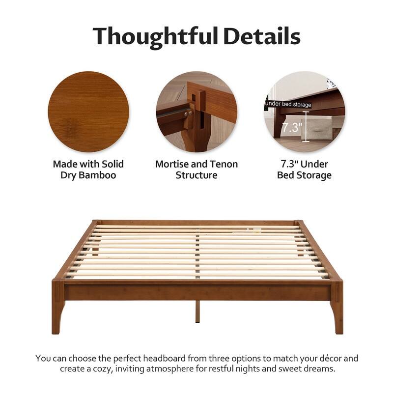 Solid Dry Bamboo Wood 12 Inch Platform Bed, with Bamboo Frame Upholstered Adjustable Headboard
