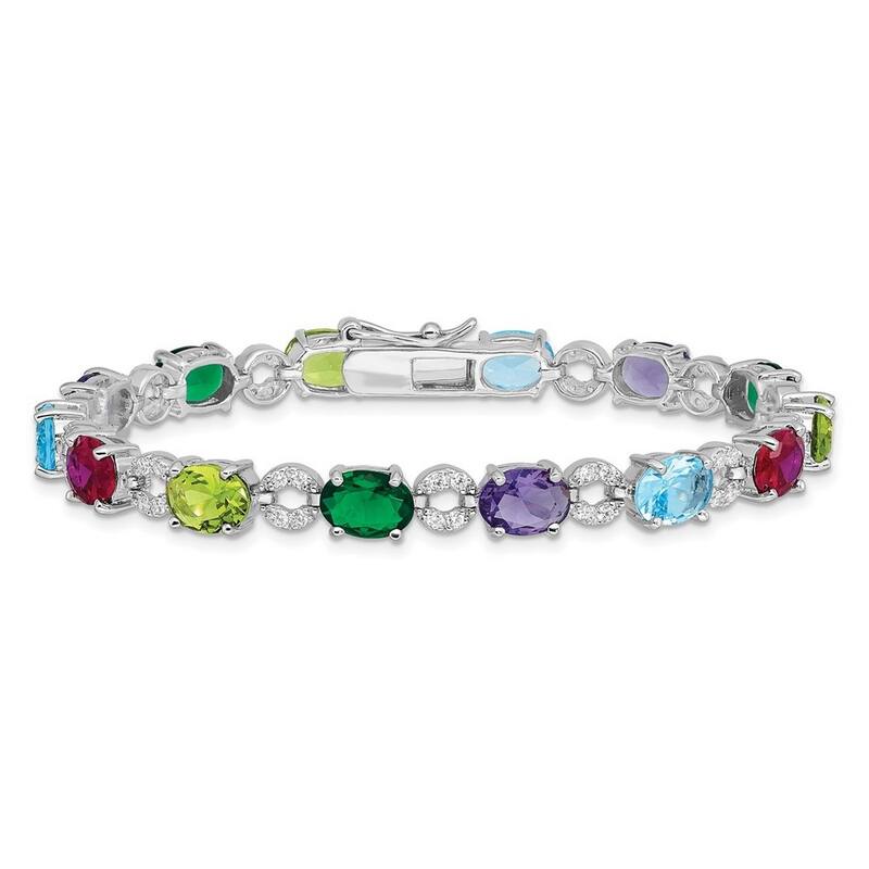 Curata 925 Sterling Silver Polished Open back Safety bar Multi colored Box Catch Closure 7inch Silver Multicolor CZ Cubic