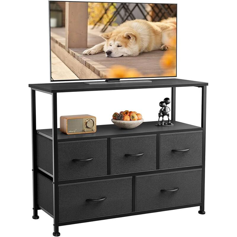 Modern 5 Fabric Drawer 11.8 in. Wide Chest of Drawers with Open Shelf & TV Stand for 45 Inch TV Living Room