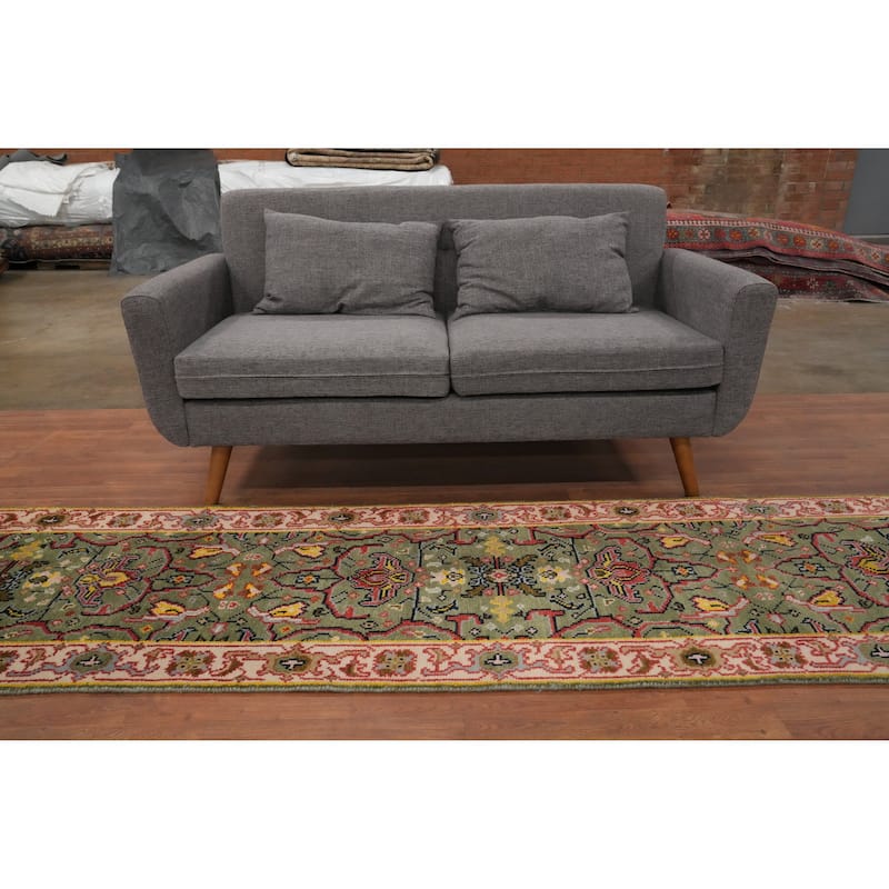 Hand Knotted Oriental 100% Wool Carpet Transitional All-Over Green Oushak Runner Rug - 9' 11'' X 2' 6''