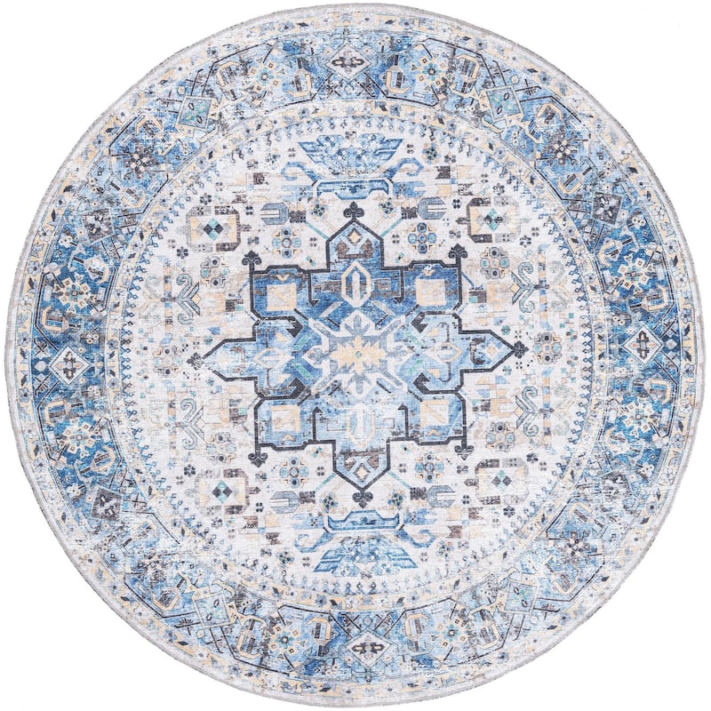 Traditional Tira Collection Area Rug - 6' Round - Royal Blue