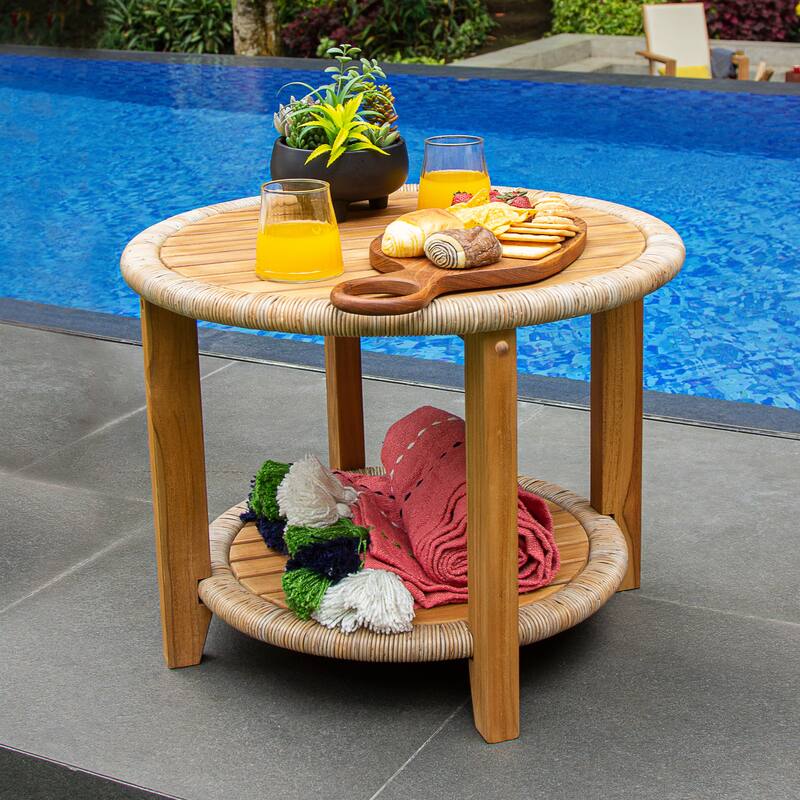 Cambridge Casual Seaside Teak Outdoor Side Table - Natural Teak/Tan Polyrope