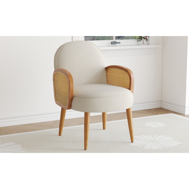 Velvet Accent Chair with Rattan Armrests