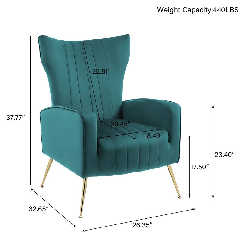 2 Set Velvet Wingback Accent Chairs with Metal Legs for Living Room