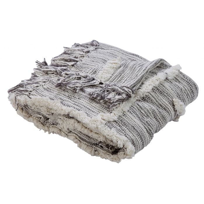 60" X 50" Gray Woven Cotton Striped Throw Blanket with Fringe
