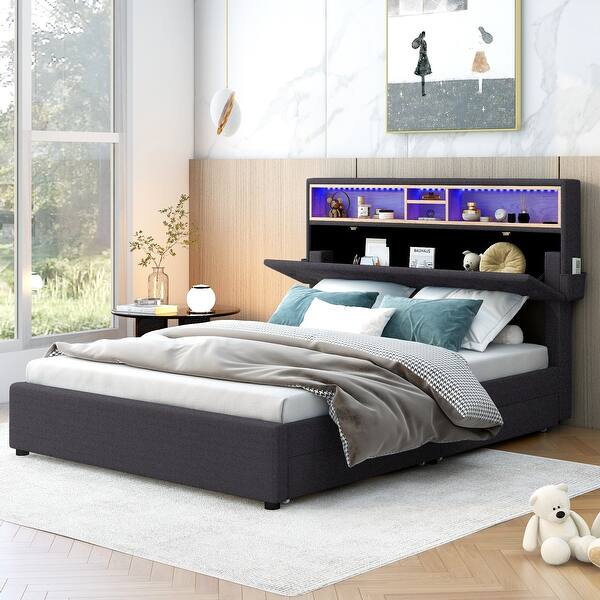 slide 2 of 19, Multiple Storage,Full Size Upholstered Platform Bed with Storage Headboard, LED, USB Charging and 2 Drawers Dark Gray