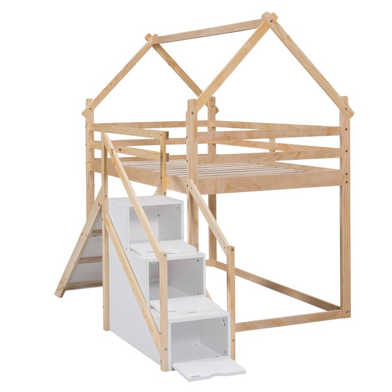 Twin over Twin House Loft or Bunk Bed with Slide, Staircase Storage, and Space-Saving Design, Made from Pine Wood and MDF