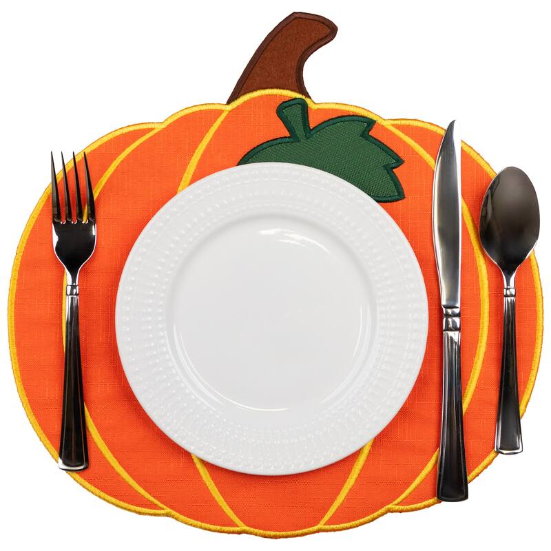 Embroidered Pumpkin Fall Harvest Placemats - 13" - Orange and Green - Set of 4