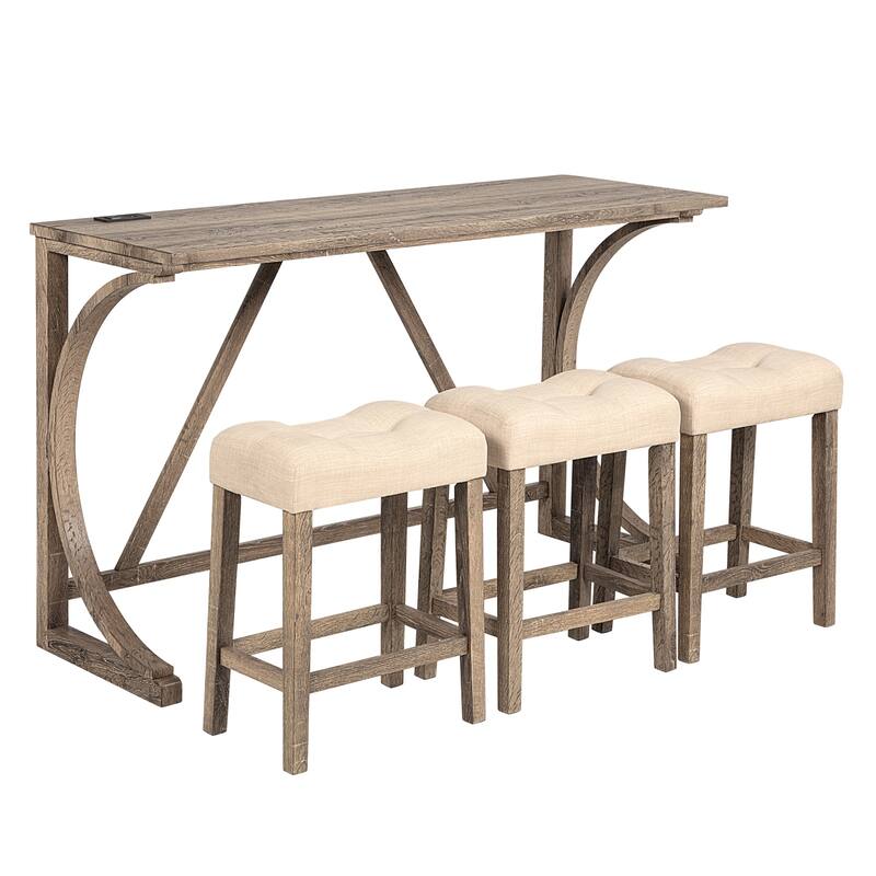Brown Bar Table Set with USB Ports & 3 Padded Seat Stools