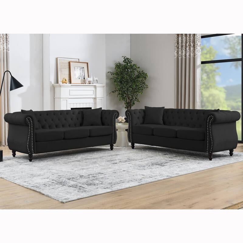 80" Chesterfield Velvet 3-Seater Sofa with Rolled Arms and Nailhead Detail, Ideal for Living Room, Office - Black