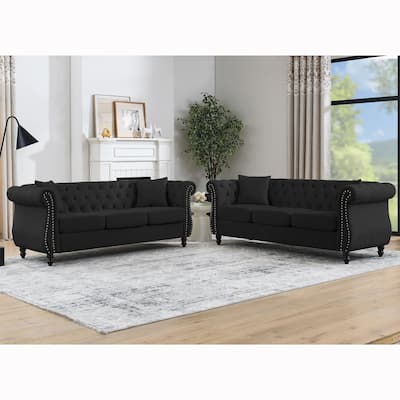 Chesterfield Black Velvet Sofa - 3+3 Seater Tufted Couch with Rolled Arms and Nailhead Trim, Includes Two Pillows