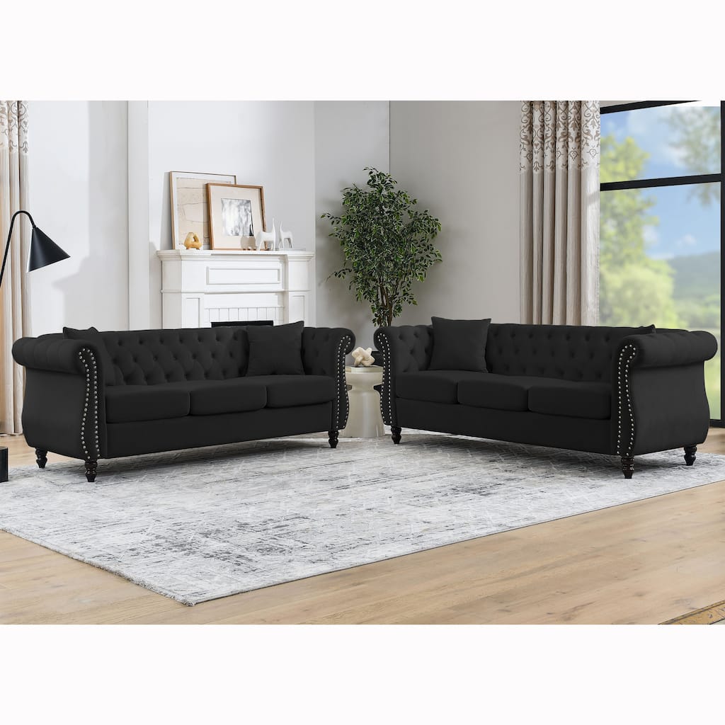 Chesterfield Black Velvet Sofa - 3+3 Seater Tufted Couch with Rolled Arms and Nailhead Trim, Includes Two Pillows