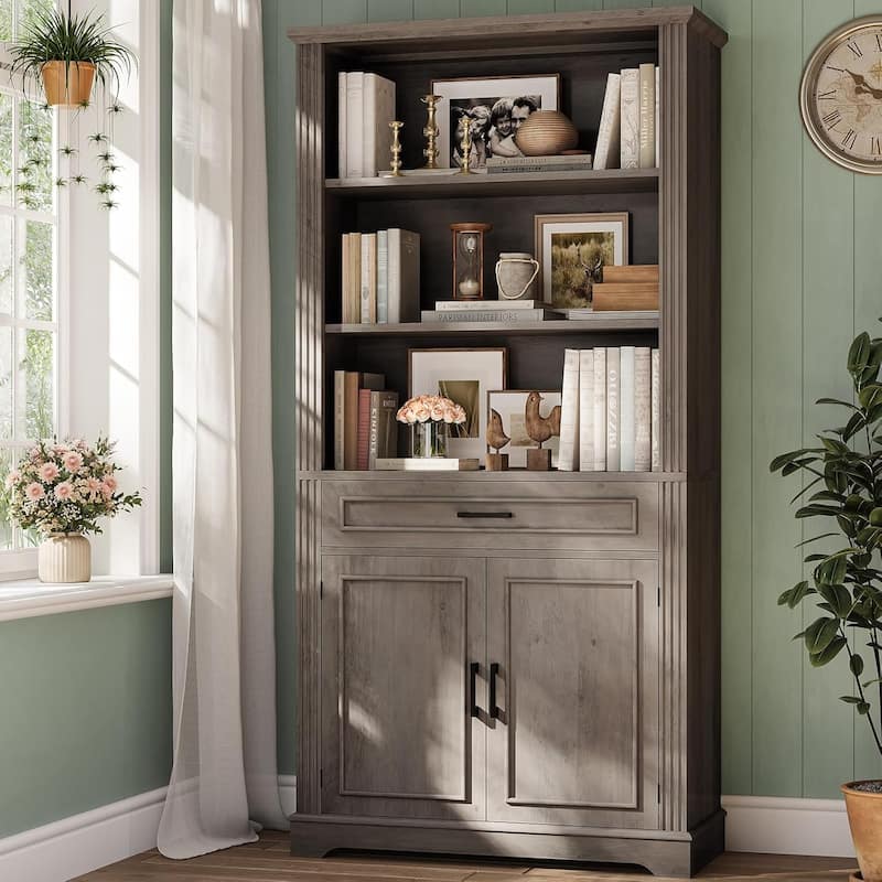 Bookshelves Bookcases with Doors and Drawer 6 Bookshelf Storage - Grey