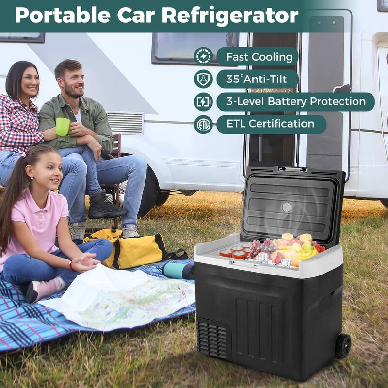 Black Portable Car Refrigerator with Adjustable Temp, LED and Cup Holders - L