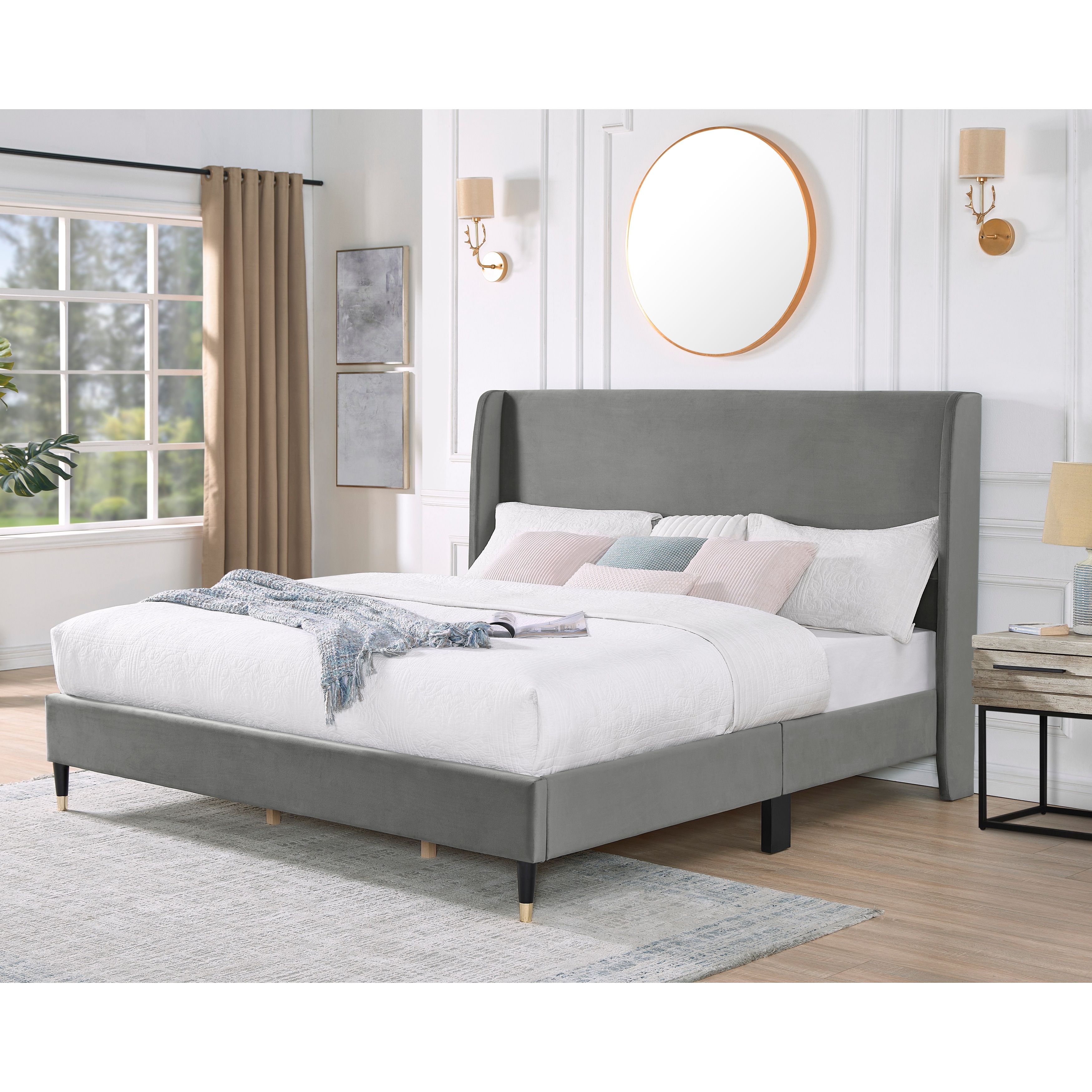 Gray King Size Modern Platform Bed with Velvet Wingback Headboard