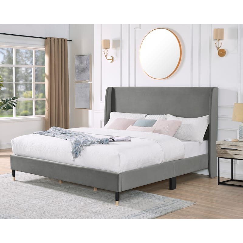 Luxury Gray Velvet Wingback Platform Bed with Cone Legs, King Size - Gray