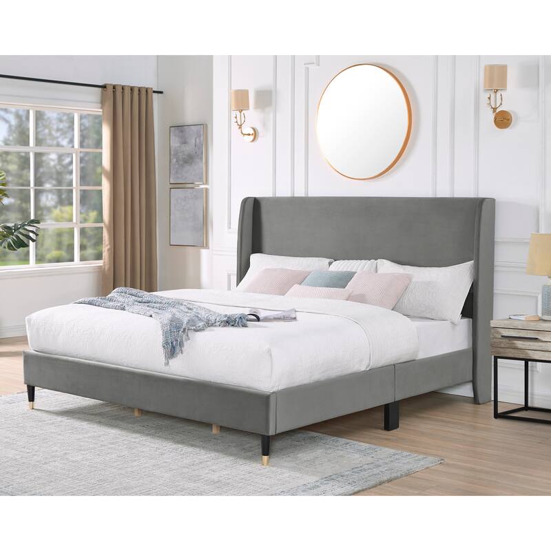 Modern Platform Bed with Velvet Wingback Headboard - Gray - King