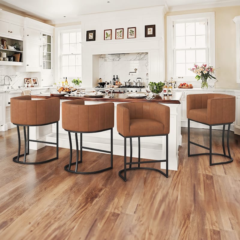 LUE BONA Modern 26.in Low Back Counter Height Barstool Barrel Set of 4 Bar Stools with Metal Frame - Brown&Black/Faux Leather