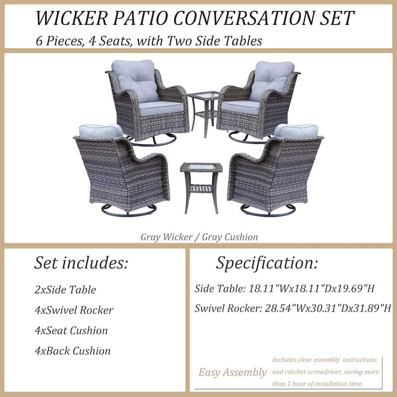 6 Piece Outdoor High Back Wicker Patio Conversation Swivel Chairs Sets
