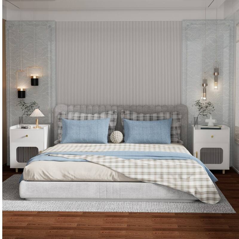 White Wooden Nightstand End Table w Drawer and Glass Door for Bedroom