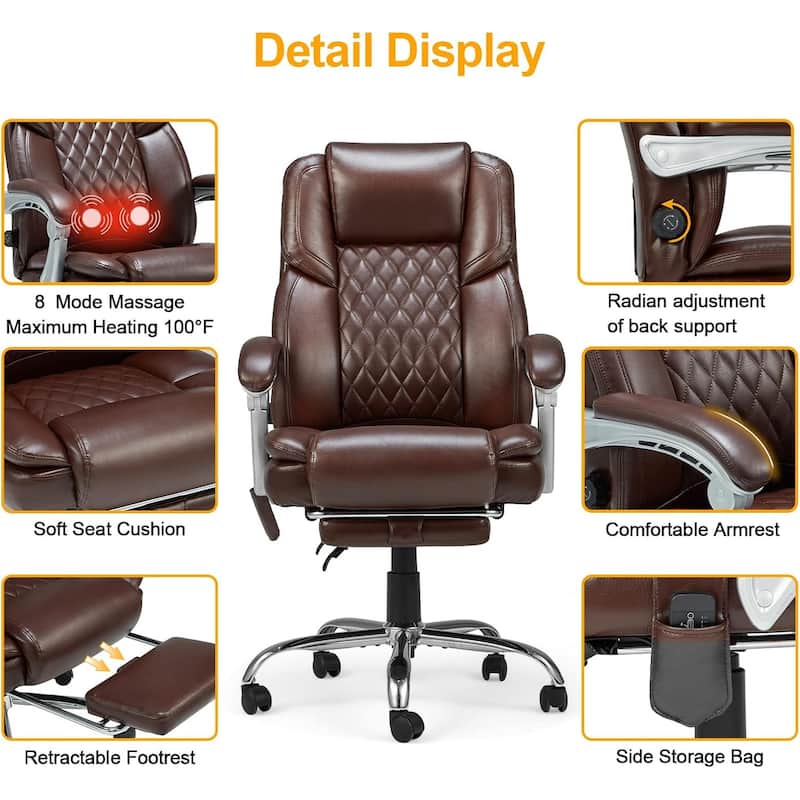 EROMMY Ergonomic Heated Massage Office Chair with Lumbar Support, Reclining Backrest, 2/4/6-Point Massage