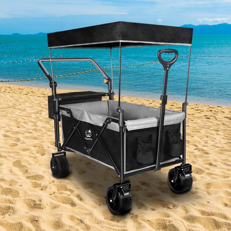 Collapsible Wagon with Canopy Extra Large 140L Storage Steel Frame All-Terrain Wheels Brakes - 20” x 44.9” x 46.8”