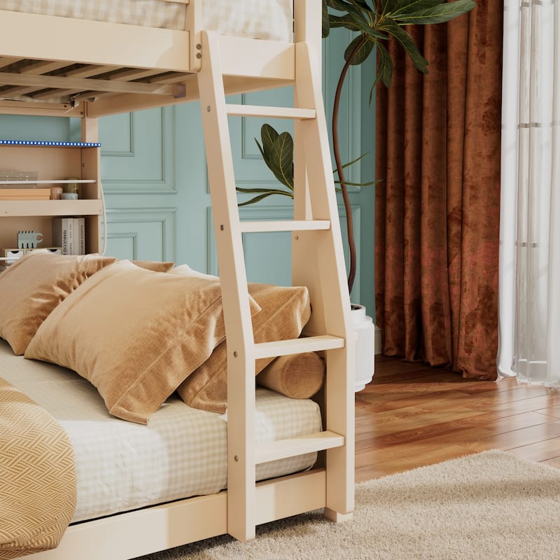 Kids Bunk Bed Frame with Integrated Shelving, Light Strip and Pegboard, Convertible into Floor Platform Bed and Low Loft Bed