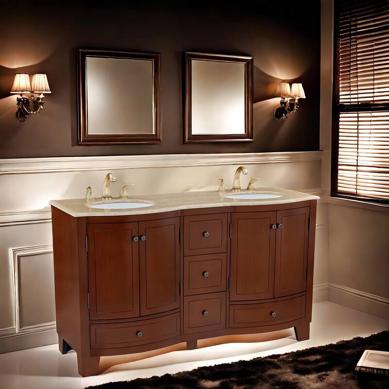 60 in. W x 22 in. D x 36 in. H Dark Cherry Bath Vanity with Double Sink and Brown Travertine Top, Ample storage