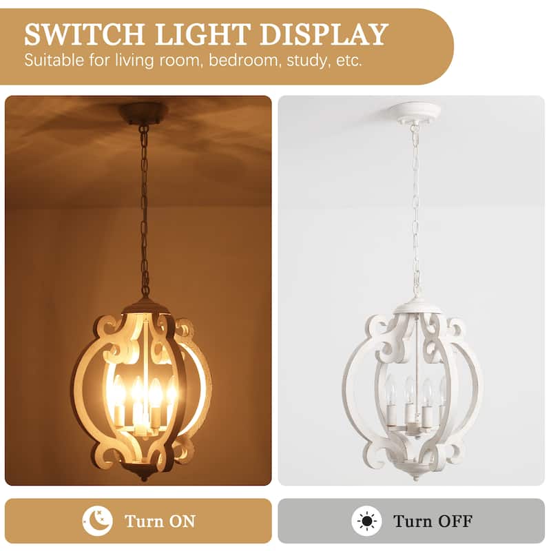 4-Light Antique Wood French Country Chandelier Vintage Pendant for Dining Room