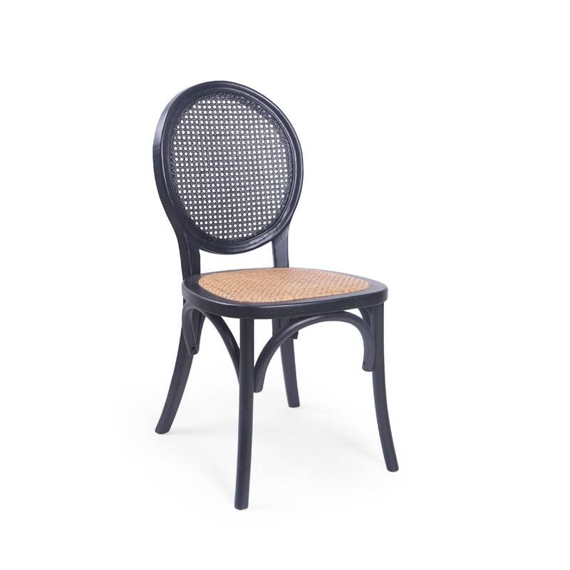 Dining Chair Set of 2, Matte Black Rattan Woven Back and Brown Seat