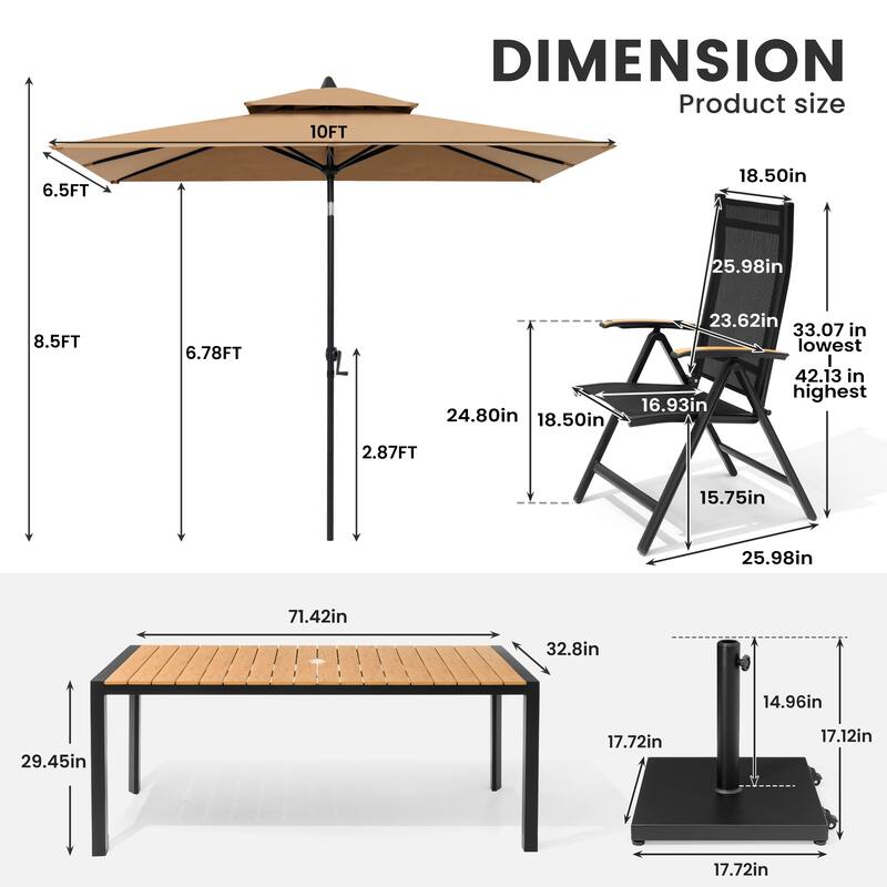 9/11-Piece Outdoor Patio Dining Set Aluminum Dining Table and Chairs w/10 ft Market Umbrella and Base with Wheels