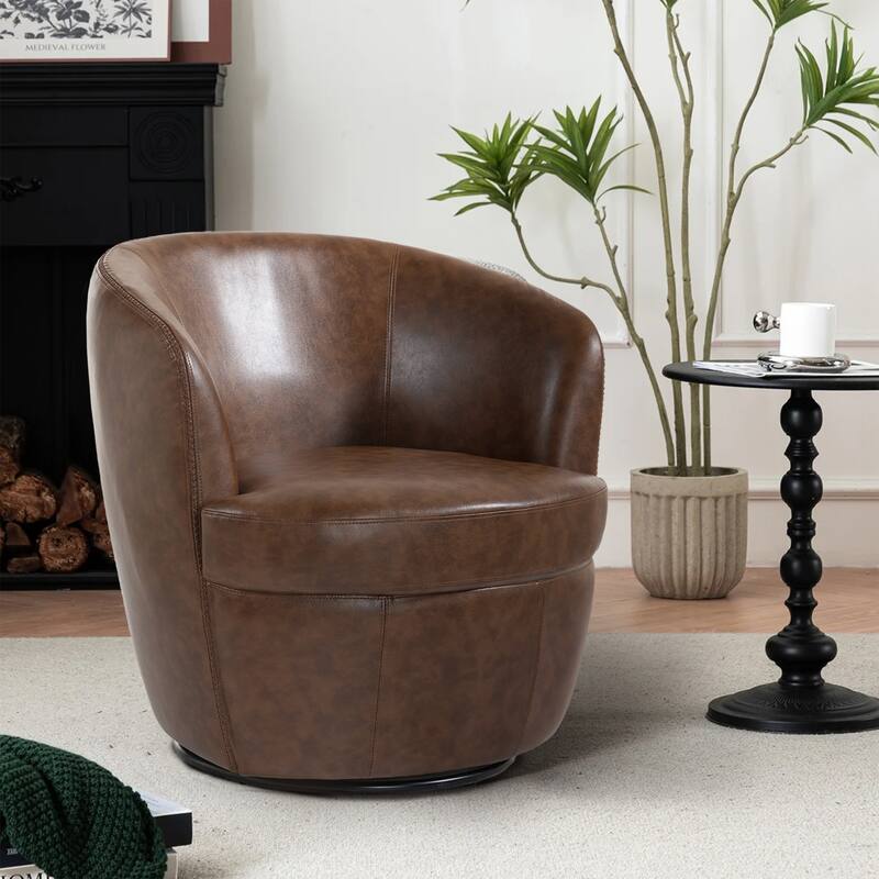 Faux Leather Swivel Barrel Accent Chair for Living Room