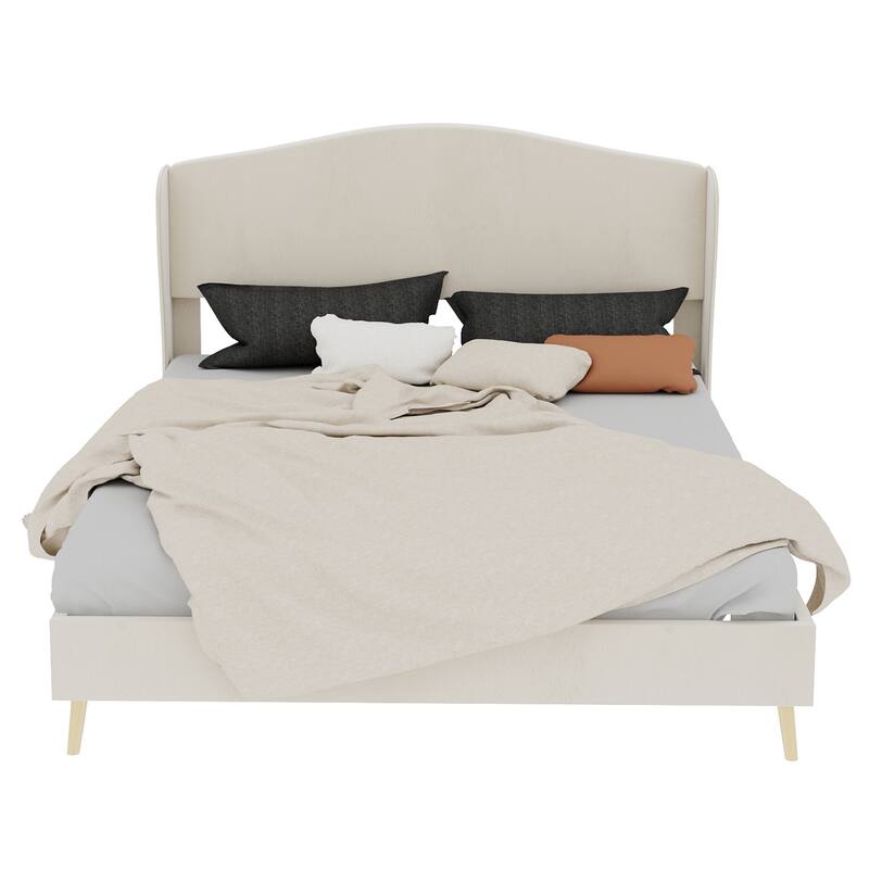 Queen Beige Upholstered Platform Bed Frame with Headboard for Bedroom