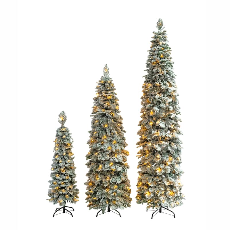 8FT, 6FT, 4FT Pre-Lit Pencil Christmas Trees, Set of 3 Flocked Fir Slim Christmas Trees, 290 LED Lights with 11 Lighting Modes