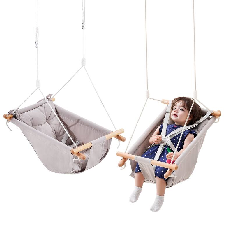 Light Grey 3 Modes Canvas Hammock Swing with 5-Point Harness Ideal Gift for Kids - 27.56 x 15.75 x 7.87 in
