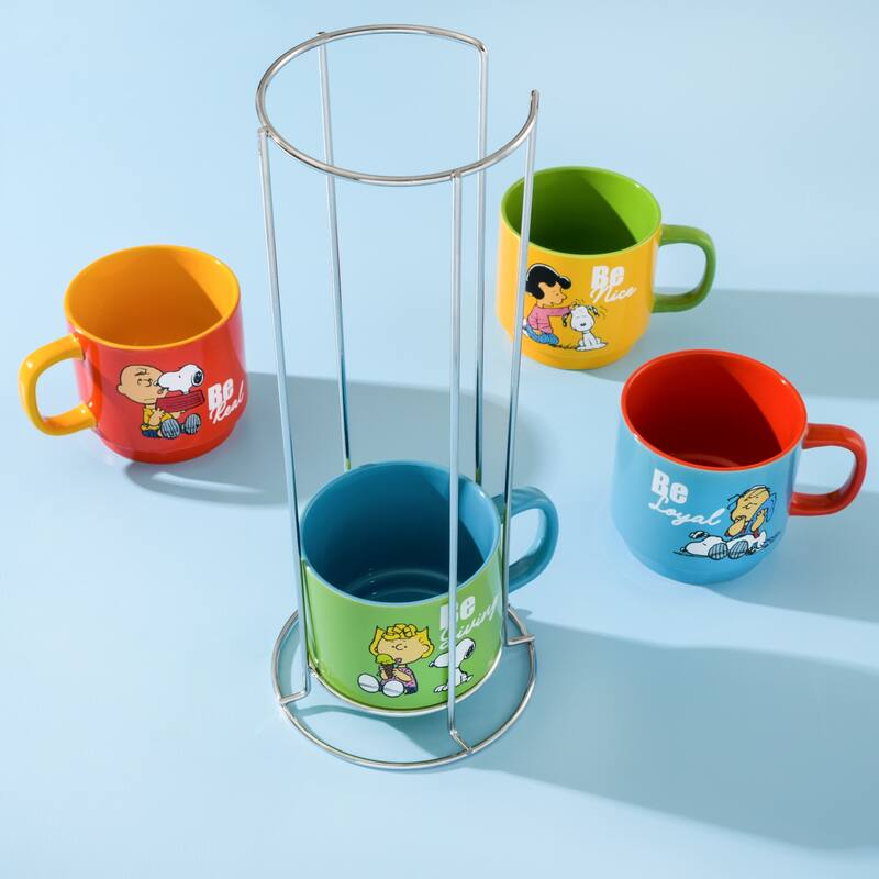 Peanuts 4 Pack 15 OZ Stackable Mugs with a Rack
