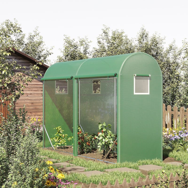 Outsunny 10' x 3' x 7' Tunnel Greenhouse Outdoor Walk-In Hot House with Roll-up Windows and Zippered Door, Steel Frame, PE Cover - 9.8' x 3.3' x 6.6' - Steel